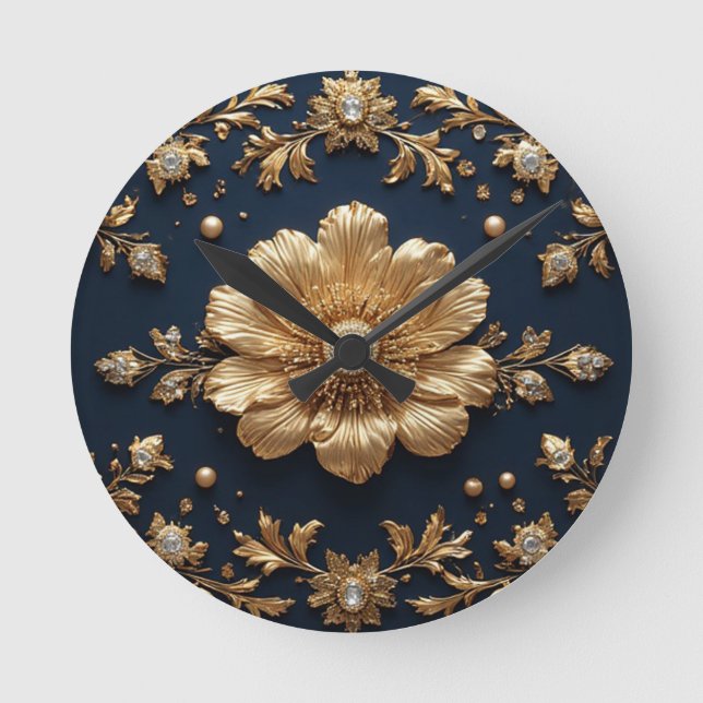 Relógio Redondo Embelezamento Floral Dourado (Frente)