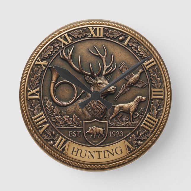 Relógio Redondo Emblema de Caça em Bronze (Frente)