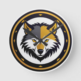 Relógio Redondo Emblema de Lobo com Círculo Dourado