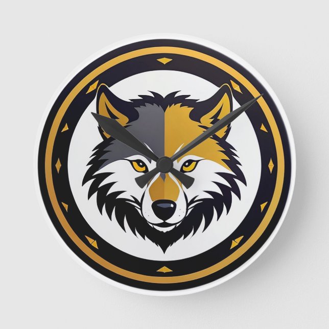 Relógio Redondo Emblema de Lobo com Círculo Dourado (Frente)