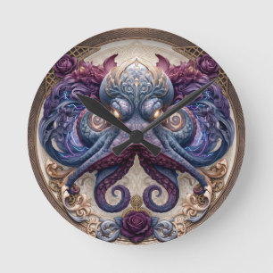 Relógio Redondo Emblema de polvo Steampunk com rosas roxas