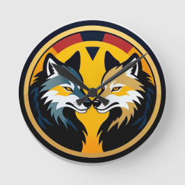 Relógio Redondo Emblema Duplo Lobo com Círculo Dourado