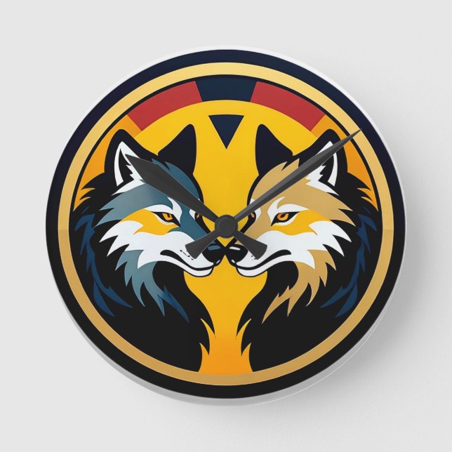 Relógio Redondo Emblema Duplo Lobo com Círculo Dourado (Frente)