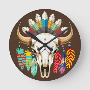 Relógio Redondo Emblema Nativo Americano de Crânio de Búfalo