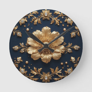 Relógio Redondo Enfeite Floral Dourado