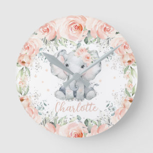 Relógio Redondo Enfermeira de quarto de quarto com elefante Floral