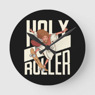 Relógio Redondo Engraçado Jesus de Patins Holy Roller