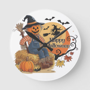 Relógio Redondo Escarneiro Pumpkin Halloween Rustic Vibs Art