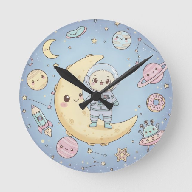 Relógio Redondo Espaço Kawaii Fofo - Astronauta e Lua Sorridente (Frente)