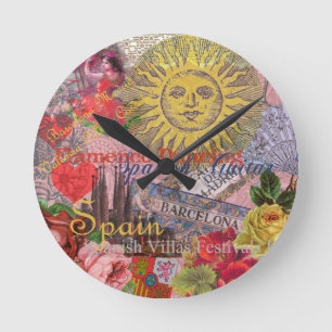 Relógio Redondo Espanha Vintage Sol Viagem Colagem Retro Europa