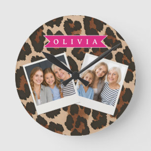 Relógio Redondo Estampa Personalizada de Leopardo Rosa Chic Estamp