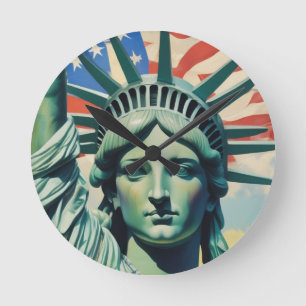 Relógio Redondo Estátua da Liberdade e Bandeira Americana Art Nova