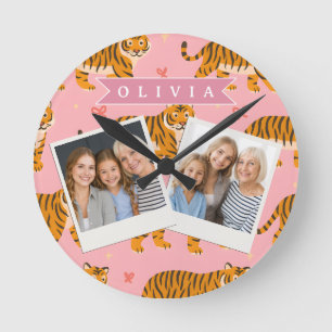 Relógio Redondo Estética Personalizada Rosa Tigre Chic Irreverente