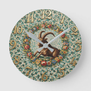 Relógio Redondo Estilo Antigo Floral  Mosaico Zodíaco  Capricórnio