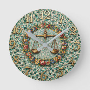 Relógio Redondo Estilo Antigo Mosaico Floral Zodíaco Libra