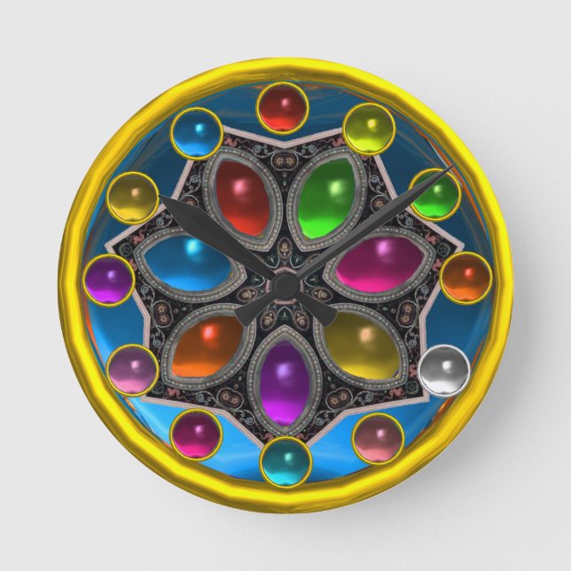 Relógio Redondo ESTRELA BREVE COM GEMSTONAS COLORIDAS Azul Dourado (Frente)