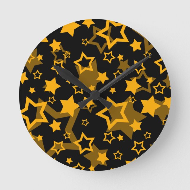 Relógio Redondo Estrelas Amarelas Douradas Brilham Design  (Frente)