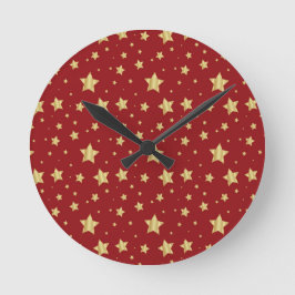 Relógio Redondo Estrelas Douradas em Fundo Vermelho