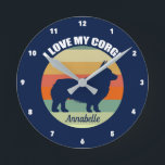 Relógio Redondo Eu Amo Meu Cachorro Soldado Personalizado E Bonito<br><div class="desc">Eu Adoro Meu Retro Sunset De Corgi. Um bonito e personalizado presente de Pembroke Welsh Corgi com uma bela silhueta de cão de corgis contra um legal fundo dos anos 70 para um olhar antigo.</div>