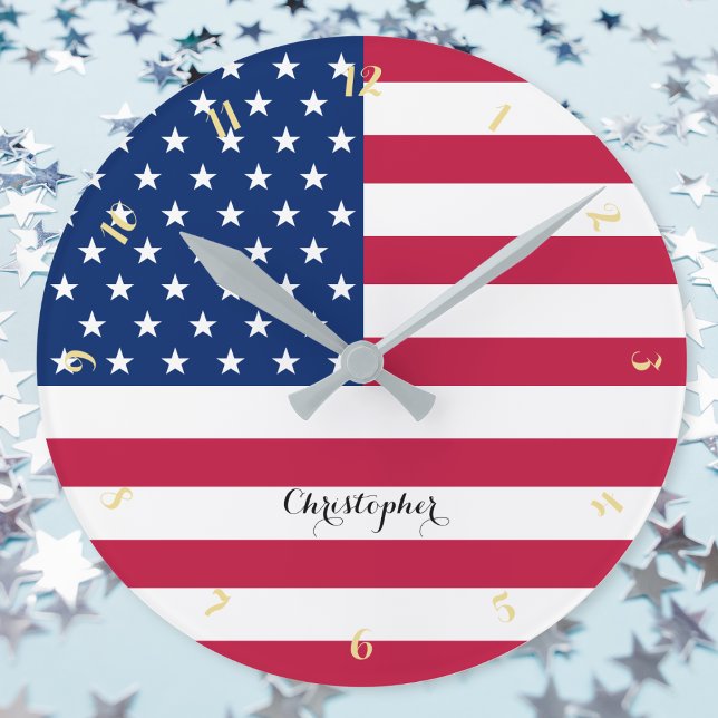 Relógio Redondo EUA América Bandeira Patriótica Home Office Nome d (USA America Flag Patriotic Home Office Decor Name Round Clock)