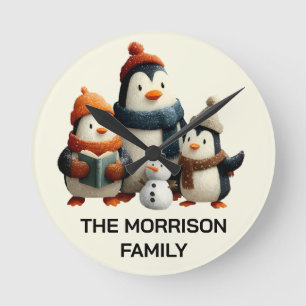 Relógio Redondo Família de Pinguins de Inverno com Boneco de Neve