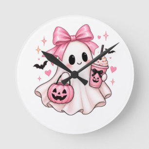 Relógio Redondo Fantasma Coquete com Laço Rosa de Halloween