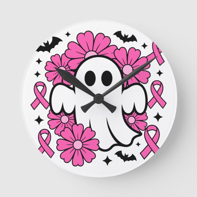 Relógio Redondo Fantasma da Consciência do Cancer com Flores Rosa (Frente)