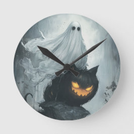 Relógio Redondo Fantasma das Halloween Andando a Gato Negro