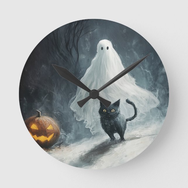Relógio Redondo Fantasma das Halloween e Gato Negro (Frente)