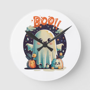 Relógio Redondo Fantasma Divertido do Halloween Boo na Galáxia