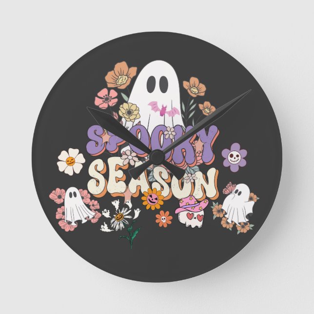Relógio Redondo Fantasma giro e assustador com flores HalloweenWal (Frente)