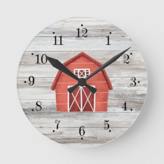 Relógio Redondo Farmhouse Red Barn Com Faux Wood Wall Clock