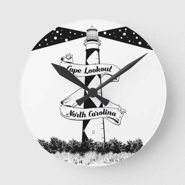 Relógio Redondo Farol de Cape Lookout Preto e Branco (Frente)