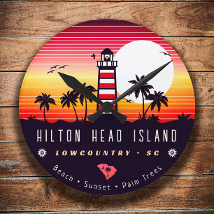 Relógio Redondo Farol Hilton Head SC Retro Sunset Souvenirs