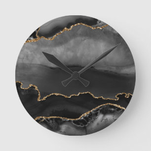Relógio Redondo Faux Grey Marbled Agate Golden Glitter Black Stone