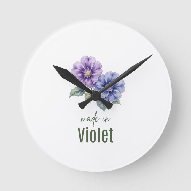 Relógio Redondo February Violet Birth Flowe Clock Watercolor (Frente)
