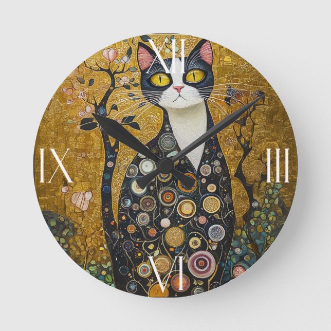 Relógio Redondo Felino Celestial em Dourado (Frente)