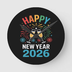 Relógio Redondo Feliz Ano Novo 2026 Festa Engraçada Véspera de Ano