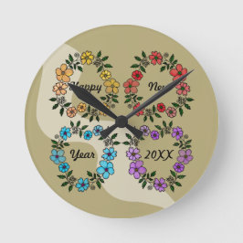 RELÓGIO REDONDO FELIZ ANO NOVO 20XX PERSONALIZADO E FLOWERS WREATH