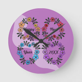 RELÓGIO REDONDO FELIZ ANO NOVO 20XX PERSONALIZADO E FLOWERS WREATH
