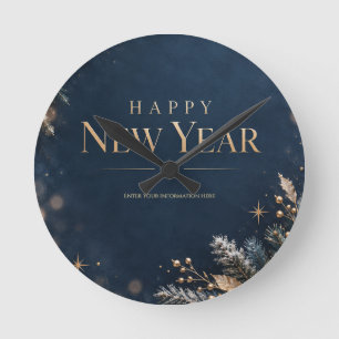 Relógio Redondo Feliz Ano Novo Azul Meia-Noite e Dourado Elegante