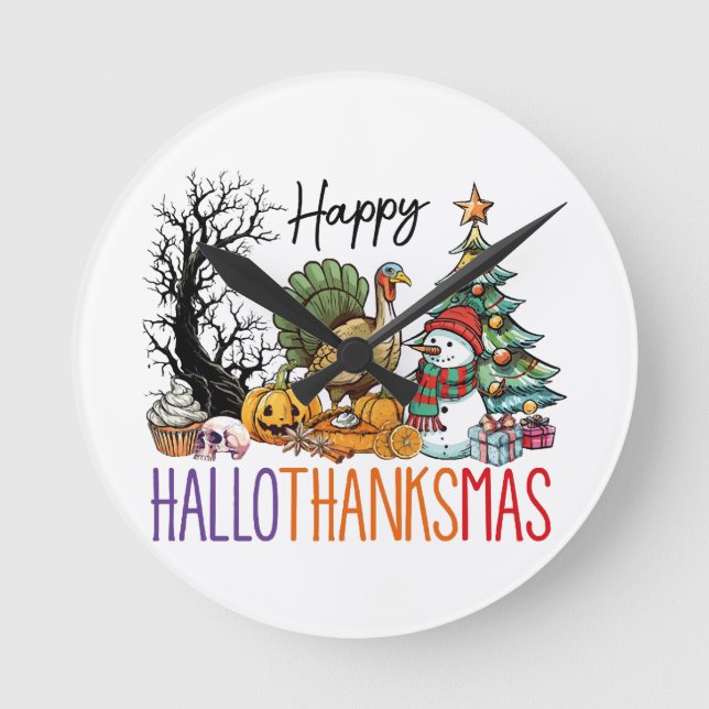 Relógio Redondo Feliz Clipart do Hallothanksmas (Frente)