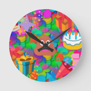 Relógio Redondo feliz cocô de aniversário emoji
