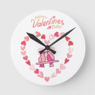 Relógio Redondo Feliz Dia dos Namorados Adoram Pássaros Rosa Coraç
