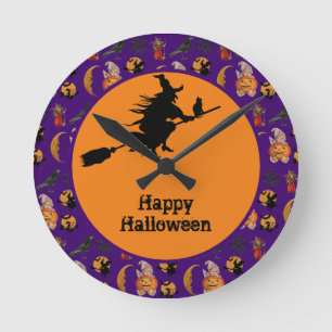 Relógio Redondo Feliz Halloween Bruxa numa Escova de Decoração de