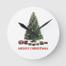 Relógio Redondo Feliz Natal. Árvore (design 1) com presentes