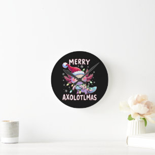 Relógio Redondo Feliz Natal Axolotl Luzes Axolotlmas Árvore