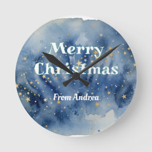 Relógio Redondo feliz natal azul branco estrelas aquarela amarelo