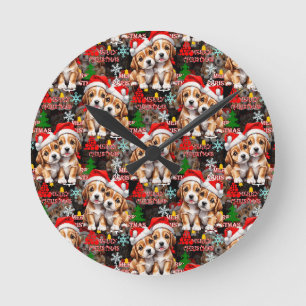 Relógio Redondo Feliz Natal Chapéu do Papai Noel Cachorro Design -