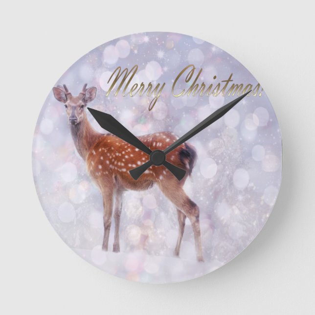 Relógio Redondo Feliz Natal Deer Amigos na Neve (Frente)